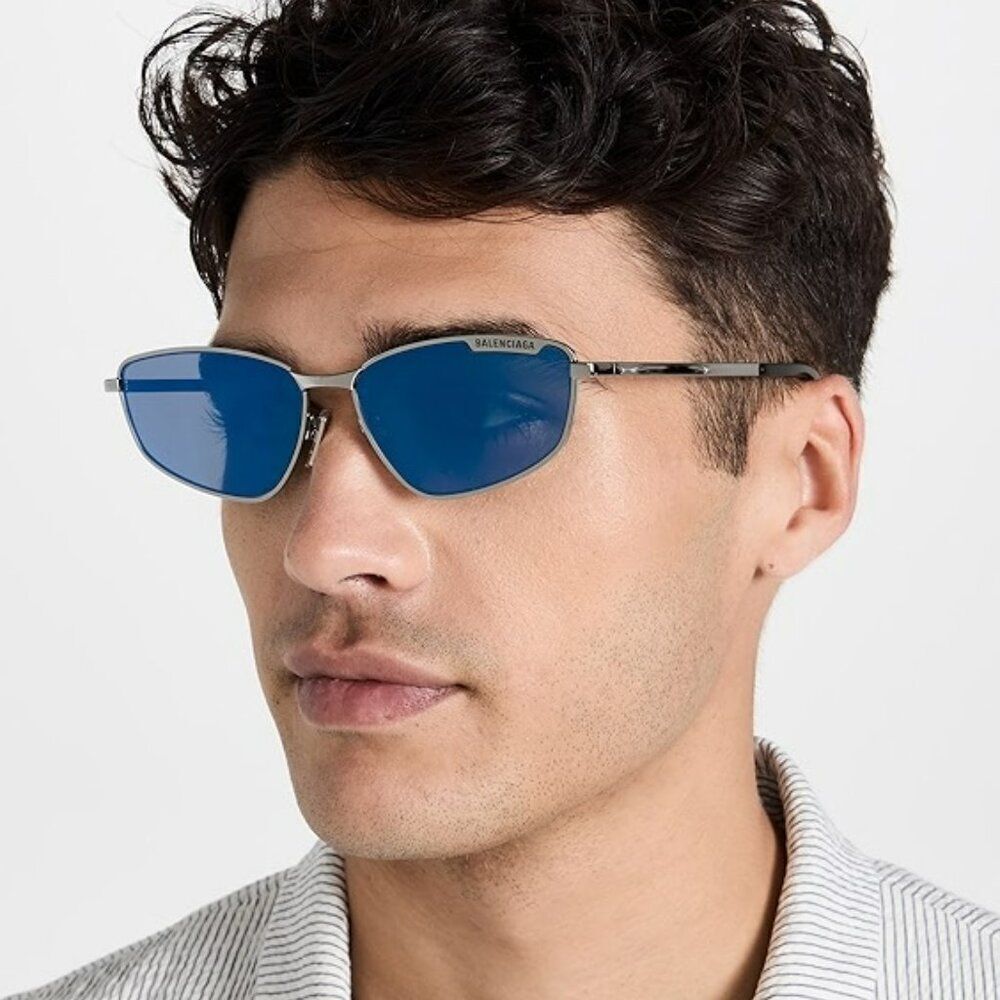 NEW Balenciaga BB0277S 003 Ruthenium Blue Mirrored Geometric Unisex Sunglasses - Picture 7 of 14